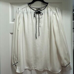 Cream Silk Blouse with Black Satin Trim Size L